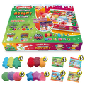 Colorful advent calendar box and 24 treats: Santa, tree, star bath bombs, and assorted sensory play powder packets.
