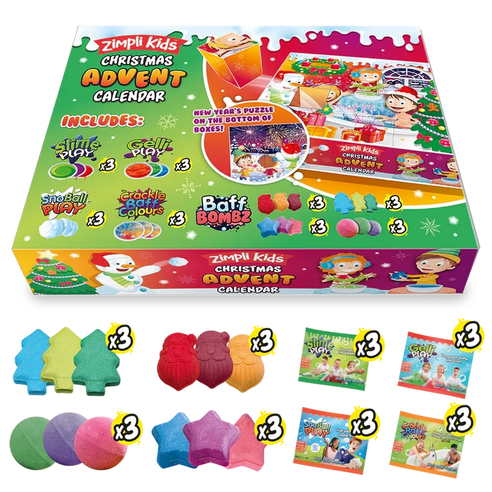 Colorful advent calendar box and 24 treats: Santa, tree, star bath bombs, and assorted sensory play powder packets.