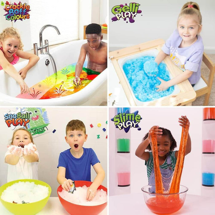 Collage of children playing with colorful bath fizz, gelli, fake snow, and slime sensory toy products.