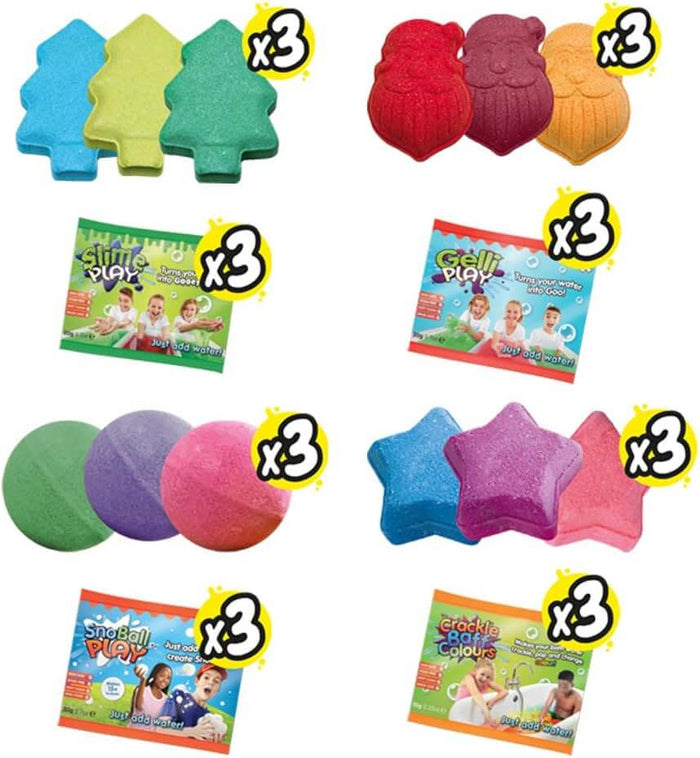 Assorted bath set: 3 each of tree, Santa, star, and round bath bombs with Slime, Gelli, SnoBall, and Crackle bath packets.