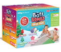 Colorful box of 12 Christmas bath bombs in Santa, star, and tree shapes, featuring kids playing in a green bath.