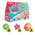 Baff Bombz 20 pack box with kids in a tub, plus green round, pink star, and marbled egg-shaped bath bombs below.
