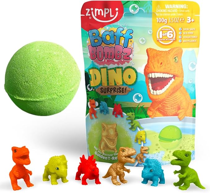 Green bath bomb sphere next to colorful dinosaur-themed packaging and six small dinosaur figurines in various colors.