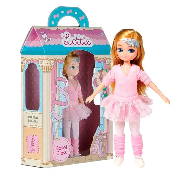 Red-haired doll in a pink ballet tutu and leg warmers standing next to her illustrated house-shaped window box.