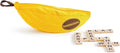 Yellow banana-shaped fabric case with white letter tiles spelling words like PLAY, PEEL, and FAST.