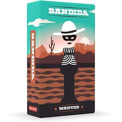 Teal box featuring a masked woman in a white hat, a desert landscape, and the words BANDIDA and WANTED.