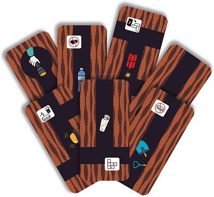 Seven fanned game cards with brown textured backgrounds, black tunnel paths, and icons like a flashlight and dynamite.
