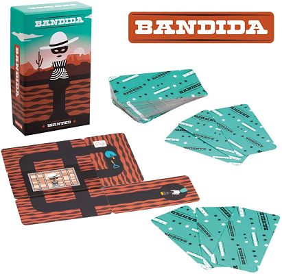 Teal and orange card game box with bandit art, patterned tunnel tiles, and teal star-backed cards.
