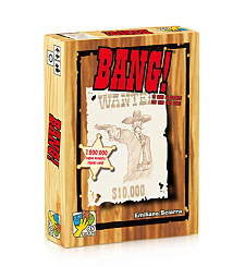 Wood-grain game box with red BANG! title above a wanted poster illustration of a cowboy holding a revolver.