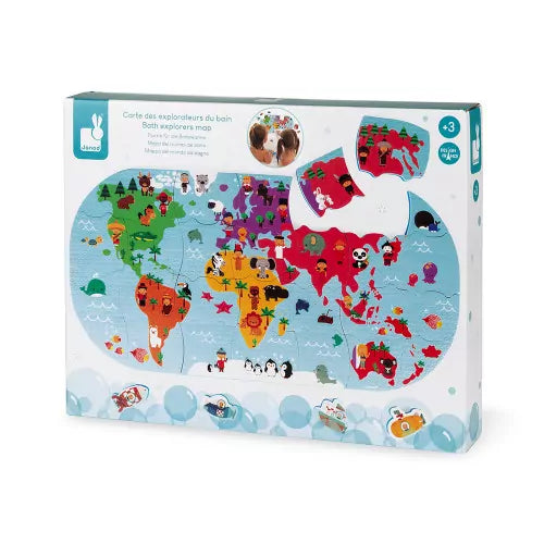 A white box featuring a colorful world map bath puzzle with cartoon animals, people, and floating submarine pieces.