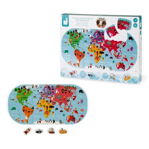 Oval blue world map bath puzzle with colorful continents and animals, four boat pieces, and white product packaging.