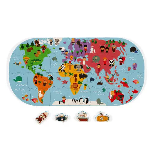 Colorful oval world map puzzle featuring cartoon animals and people, with four small vehicle pieces below.