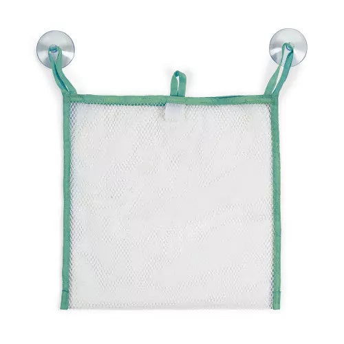 Square white mesh storage bag with mint green trim and two suction cups attached to top corner loops.