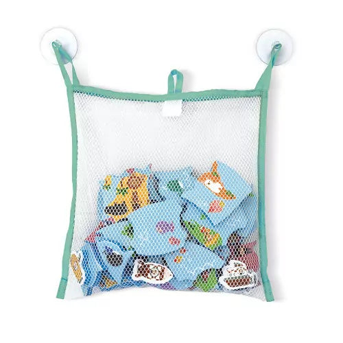 White mesh bag with teal trim and suction cups, filled with blue foam pieces featuring colorful animal and boat art.