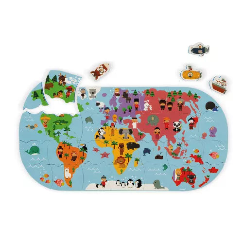 Colorful foam world map bath puzzle with cartoon animals and people, plus floating vehicle pieces.