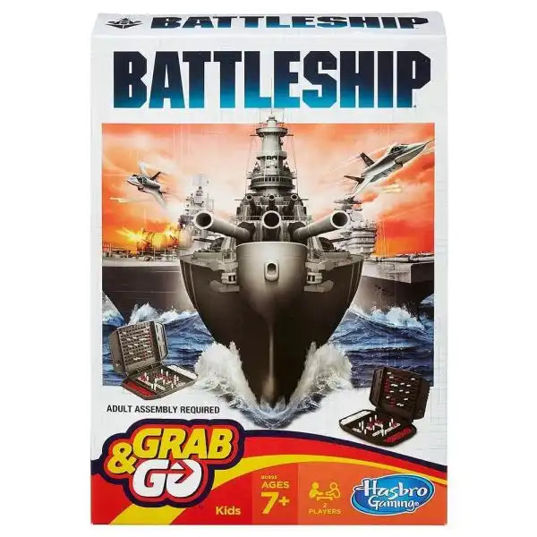 White game box with a large warship and fighter jets above two small, portable red and black travel game cases.