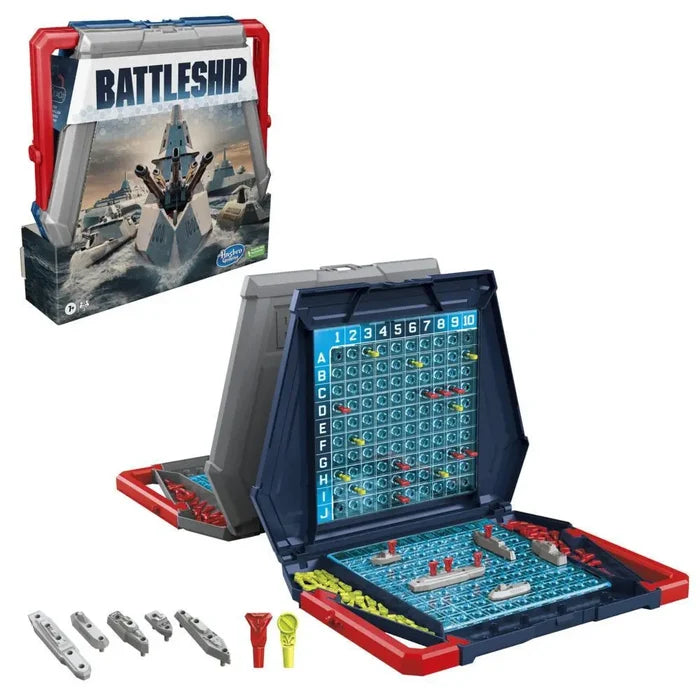 Open blue portable game with vertical and horizontal grids, gray ships, and pegs next to its illustrated box.