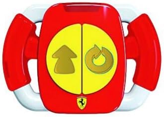 Red toy Ferrari steering wheel remote with two large yellow buttons featuring arrow icons and a Ferrari logo.