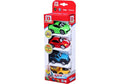 Red box set featuring a green sports car, a red beetle, a blue jeep, and a yellow dump truck with large cartoon eyes.