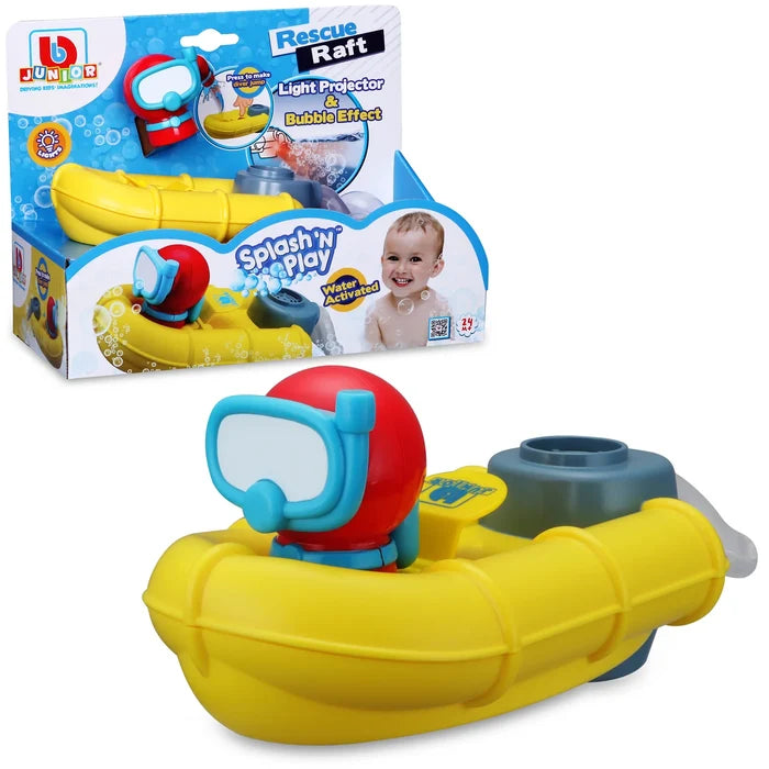 Yellow toy raft with red scuba diver figure next to blue packaging showing bubble and light projector effects.