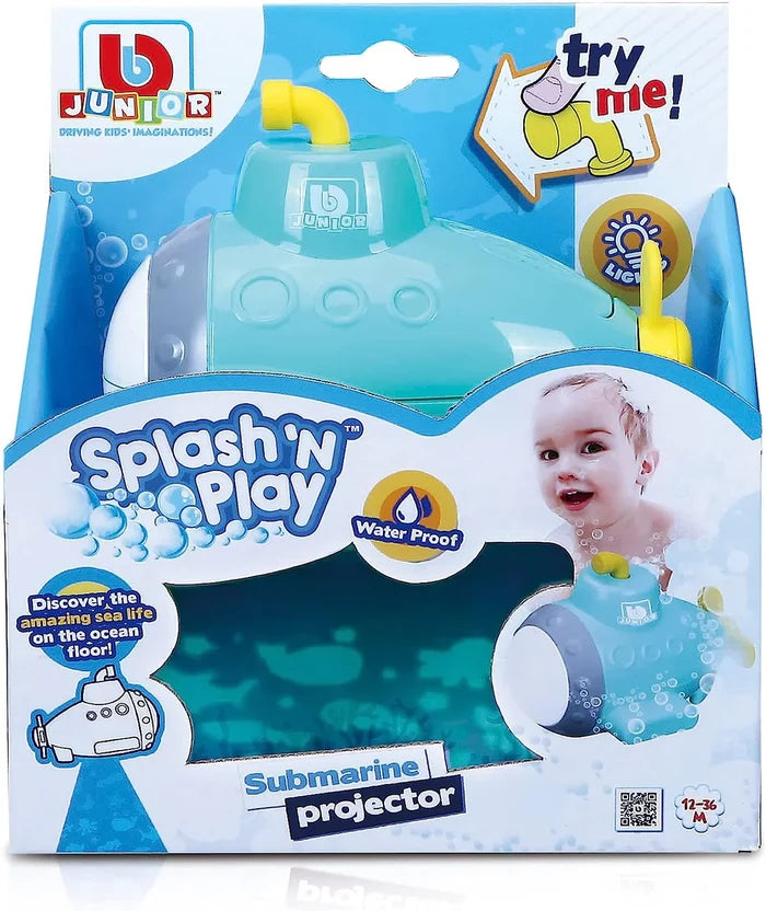 Teal toy submarine projector with yellow accents in blue packaging showing a baby playing in the bath.