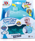 Teal toy submarine projector with yellow accents in blue packaging showing a baby playing in the bath.