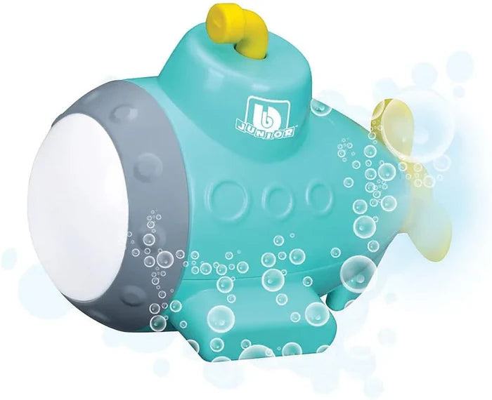Teal and grey toy submarine with a yellow periscope, glowing white front, and decorative bubble graphics.