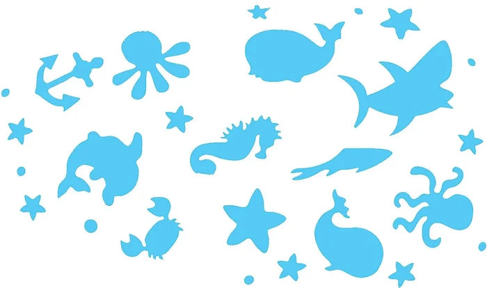 Light blue silhouettes of ocean animals including a whale, shark, octopus, and seahorse, with stars and an anchor.