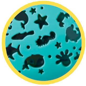 Teal projection of dark sea creature silhouettes including a shark, octopus, and starfish, framed in yellow.