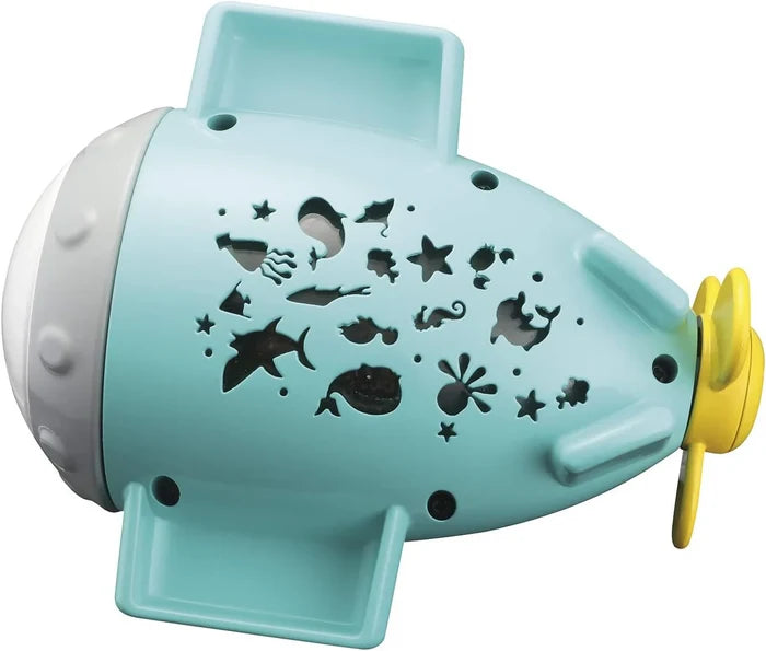 Light blue toy submarine with cutouts of sea animals on the side, a grey front, and a yellow propeller.