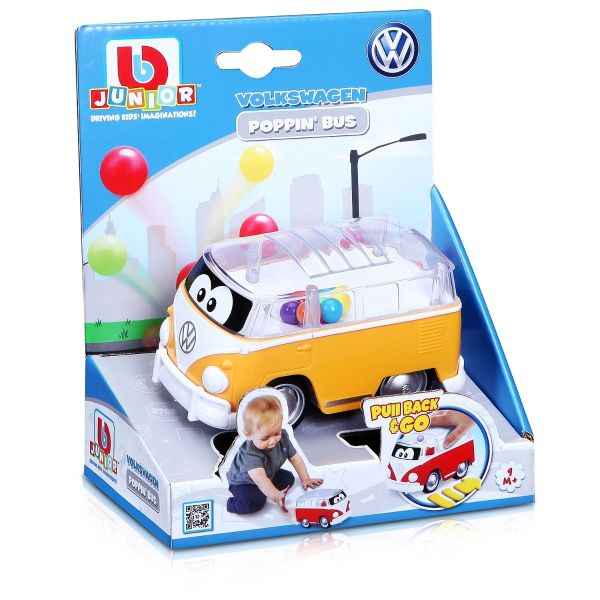 Yellow and white toy VW bus with colorful balls inside a clear roof, displayed in a blue BBJunior retail box.
