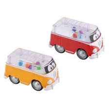 Red and yellow toy VW buses with big cartoon eyes and clear tops filled with small, colorful balls.