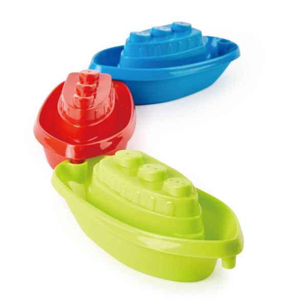 Three plastic toy boats in lime green, red, and blue, linked together in a line with steamship deck details.