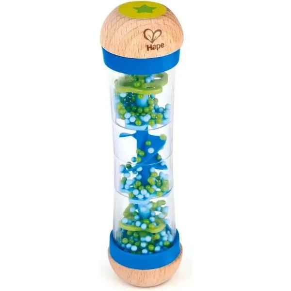 Tall toy with wooden caps and blue bands. Clear center shows green and blue beads resting on a blue internal spiral.