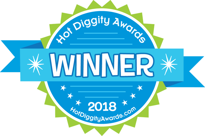 Blue and lime green circular 2018 Hot Diggity Awards winner seal with a centered light blue banner.