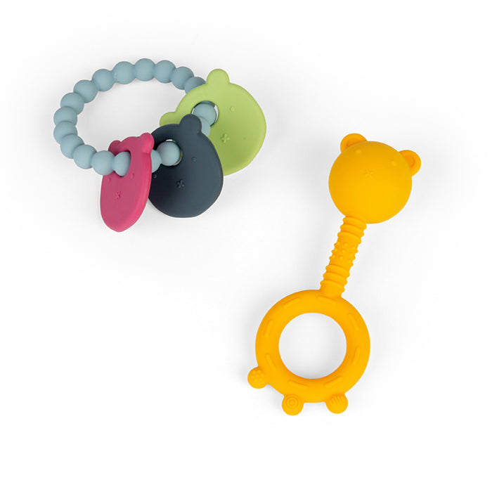 Blue beaded ring with pink, grey, and green bear charms next to a yellow bear-shaped silicone teether.