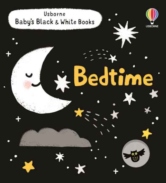 High-contrast black book cover with a smiling white moon, yellow Bedtime text, stars, a grey cloud, and an owl.