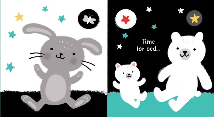 High-contrast baby book pages with a gray bunny and white bears under colorful stars, with the text Time for bed.