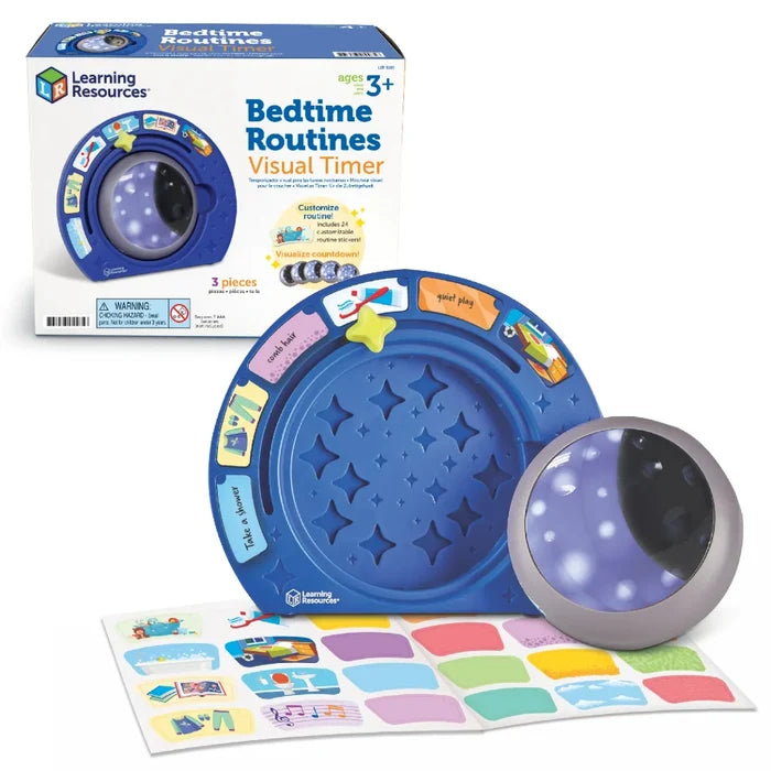 Blue circular visual timer with star cutouts, a glowing orb, colorful routine stickers, and the product box.