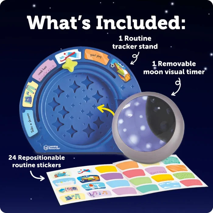 Blue circular routine stand with star slider, gray moon visual timer, and sheet of 24 colorful stickers.