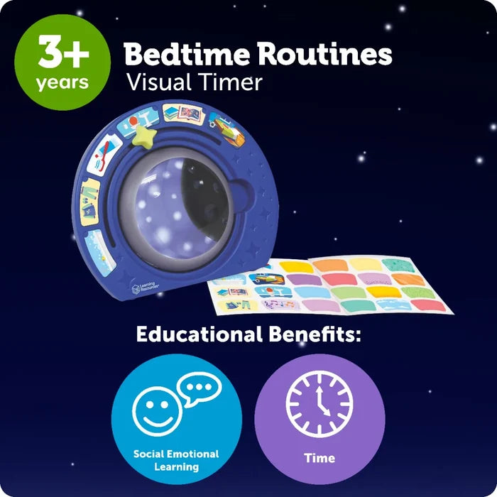 Blue circular device with star dome, routine tiles, and sticker sheet on a starry background with learning icons.