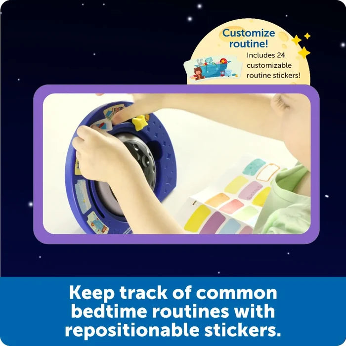 Child applying colorful stickers to a round blue timer from a sticker sheet to customize a bedtime routine.