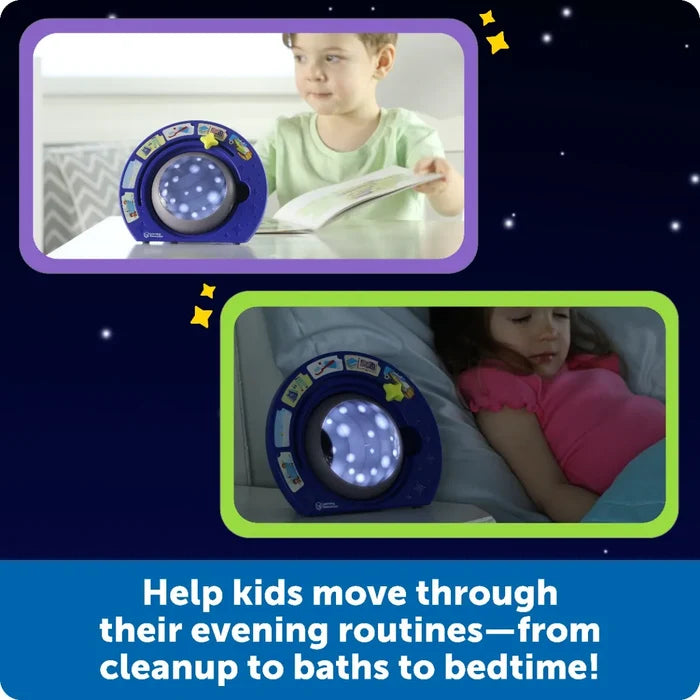 Blue circular timer with glowing white dome and icons, shown with a boy reading a book and a girl asleep in bed.