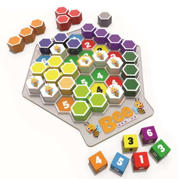 Colorful honeycomb board game with hexagonal pieces, numbered dice, and cartoon bee icons on a white background.