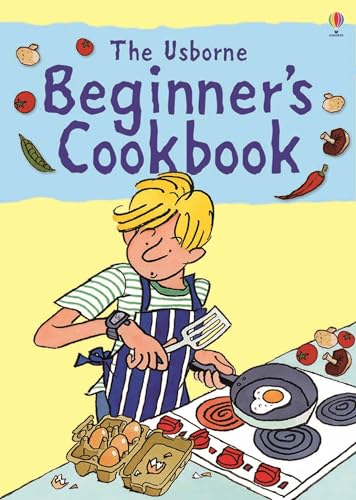 Book cover featuring a cartoon boy in a striped apron frying an egg, with vegetable icons and a yellow background.