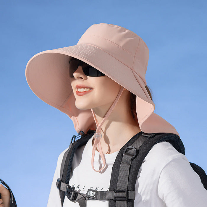 Beige wide brim bucket sun hat with UV protection, ideal for outdoor fishing and hiking, featuring a comfortable outdoor cap design.
