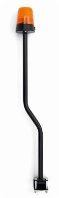 Orange flashing beacon light on a long, black S-curved mounting pole with a bracket at the base.