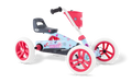 Light blue 4-wheel pedal go-kart with pink wheels, white tires, floral decals, and a pink front basket.