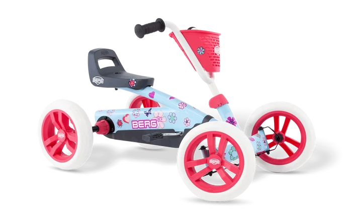Light blue 4-wheel pedal go-kart with pink wheels, white tires, floral decals, and a pink front basket.