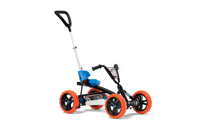 Four-wheel pedal kart with a black frame, bright orange tires, blue seat, and an adjustable silver push handle.